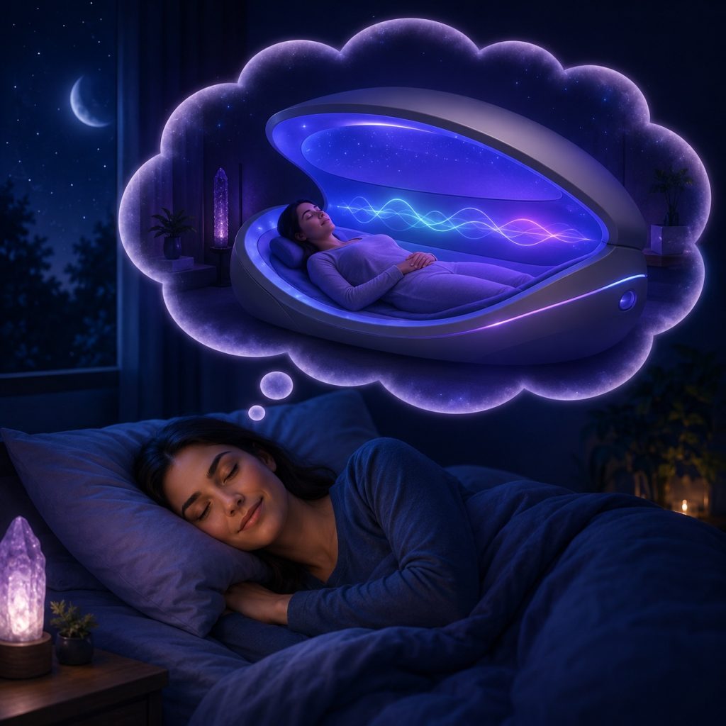 Person sleeping peacefully in bed at night with a glowing thought cloud above them, imagining themselves resting comfortably inside a softly lit theta chamber.