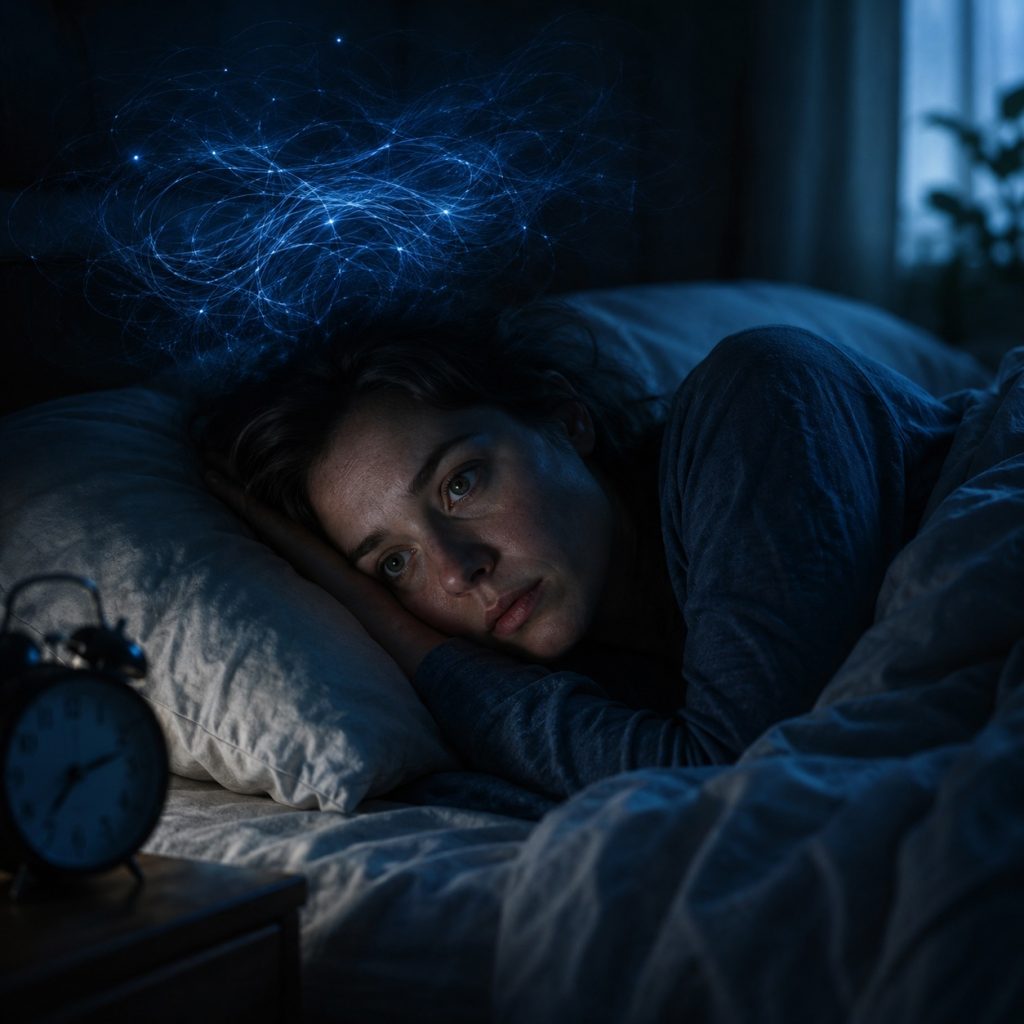 Person lying awake in bed at night looking exhausted but alert, with glowing tangled blue lines above their head symbolizing an overactive mind.