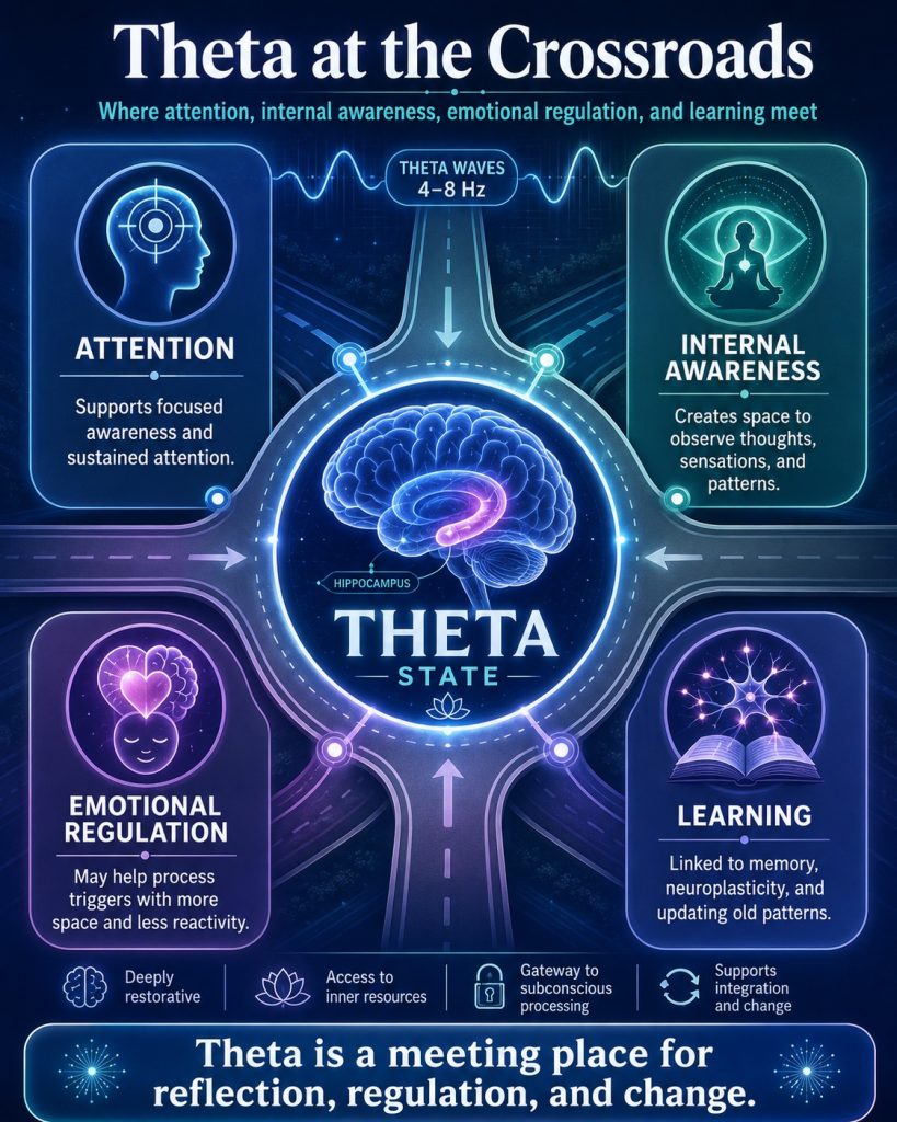 Infographic titled “Theta at the Crossroads,” showing a glowing brain at the center of a crossroads-like diagram labeled “Theta State.” Four surrounding panels highlight attention, internal awareness, emotional regulation, and learning, illustrating theta as a meeting point where these functions come together.