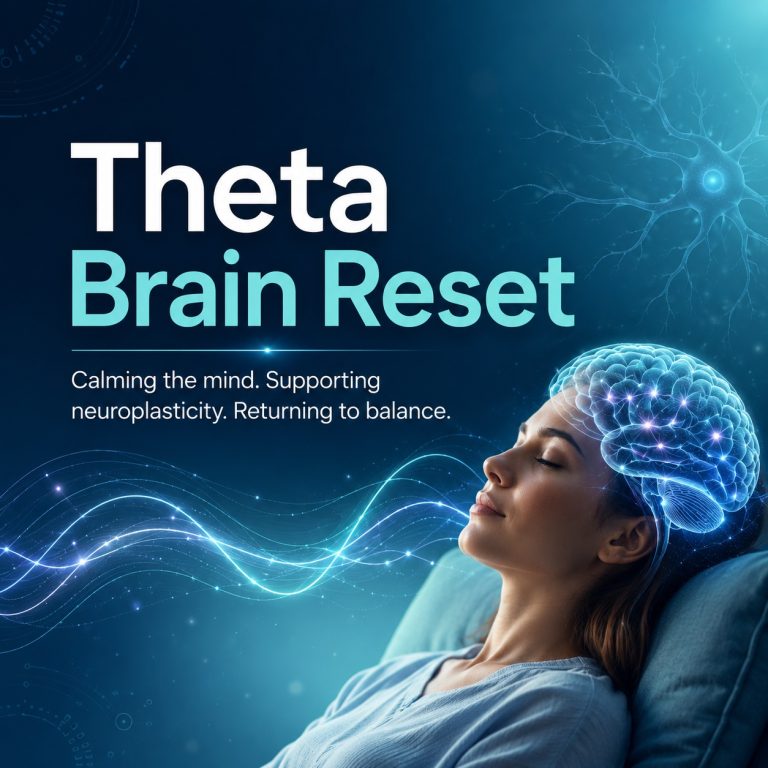 Blog cover image titled “Theta Brain Reset,” showing a calm woman reclining with her eyes closed while a glowing brain overlay and soft theta-like wave patterns surround her head. The image includes text about calming the mind, supporting neuroplasticity, and returning to balance.