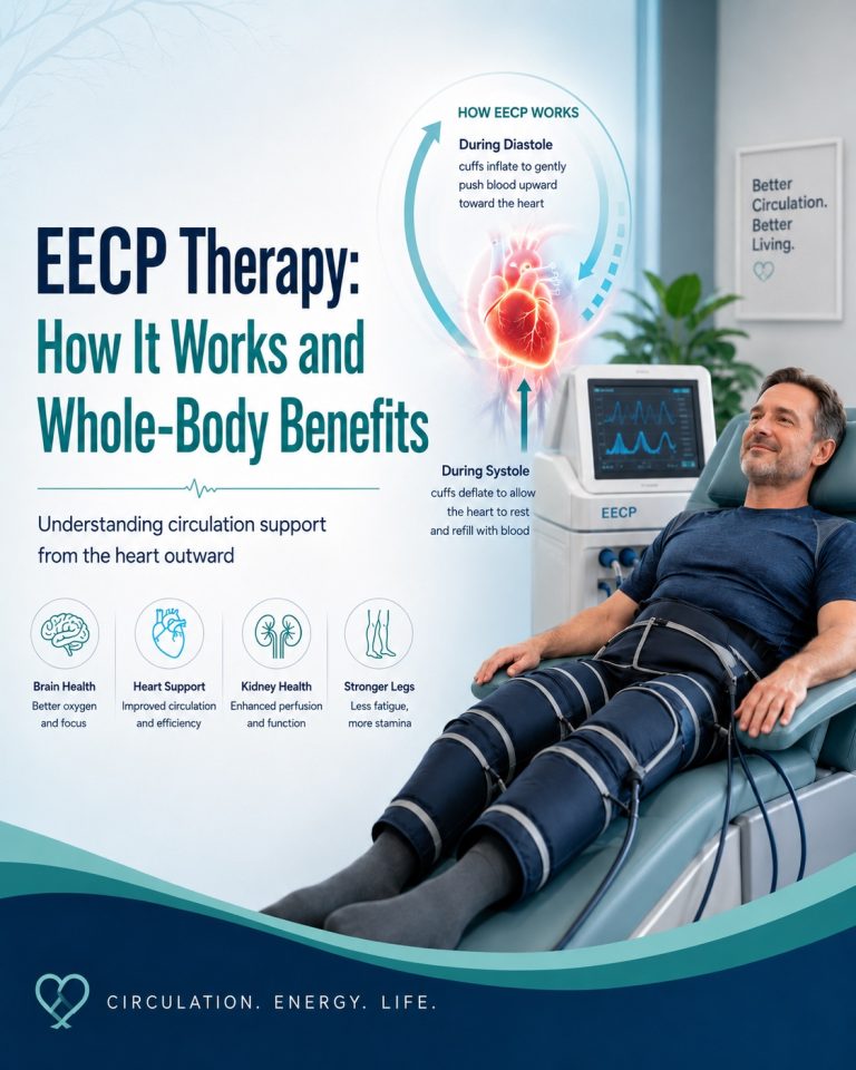 Blog cover image for “EECP Therapy: How It Works and Whole-Body Benefits,” showing a relaxed man reclining in an EECP treatment chair with compression cuffs around his legs. A glowing heart diagram, circulation arrows, EECP machine, and benefit icons illustrate how EECP supports blood flow, heart function, brain health, kidney perfusion, leg stamina, and whole-body circulation.