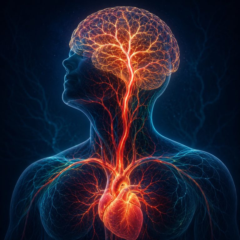 Glowing medical illustration of blood vessels carrying circulation from the heart up through the neck into the brain, emphasizing the connection between EECP, vascular flow, and brain circulation.