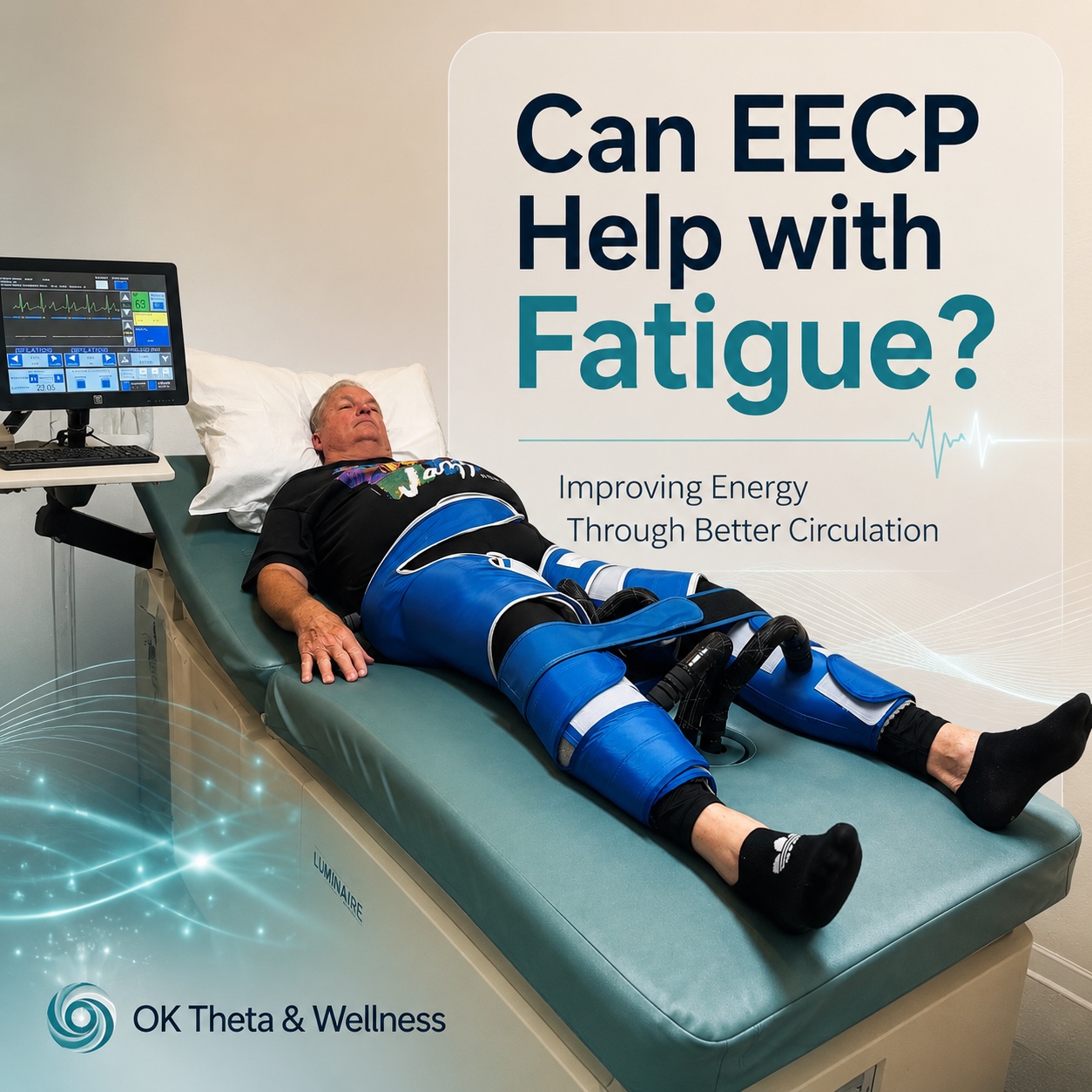Patient lying on the EECP machine at OK Theta & Wellness with blue compression cuffs around the legs and hips while a treatment monitor displays heart rhythm and pressure settings.