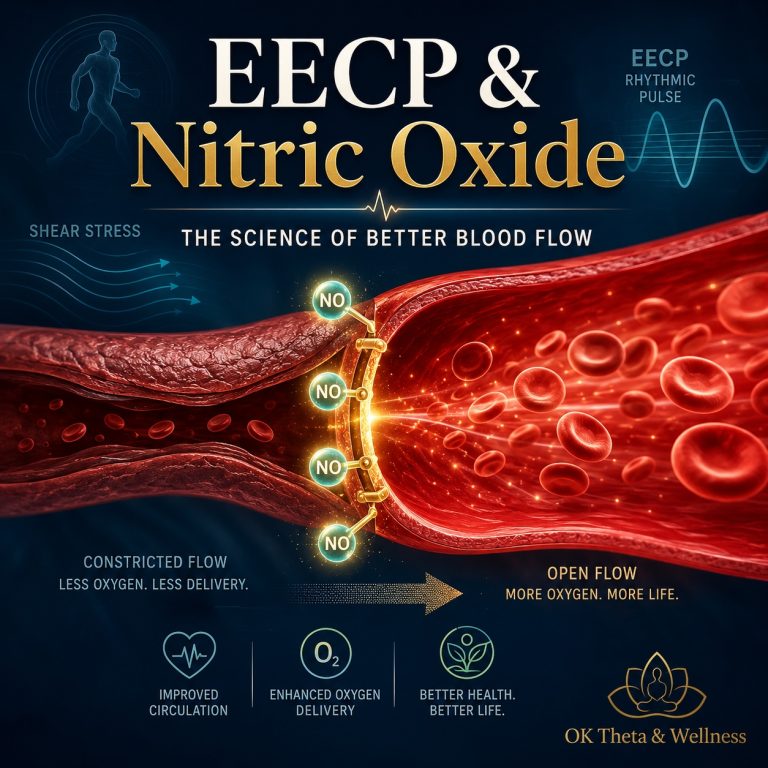 Square medical-wellness graphic showing a narrowed blood vessel opening into improved blood flow, with glowing nitric oxide molecules, red blood cells, shear stress waves, and the title “EECP & Nitric Oxide: The Science of Better Blood Flow.”