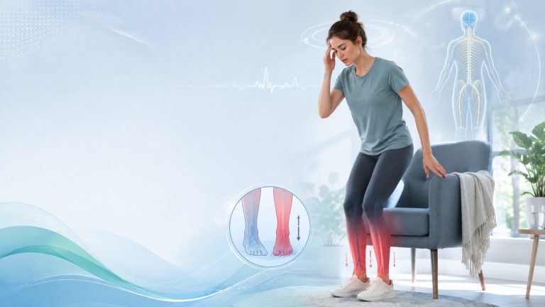 A young woman stands up from a chair while holding her head, suggesting dizziness or lightheadedness. Medical-style overlays show a heart rhythm line, the autonomic nervous system, and blood pooling in the lower legs, illustrating symptoms associated with POTS.