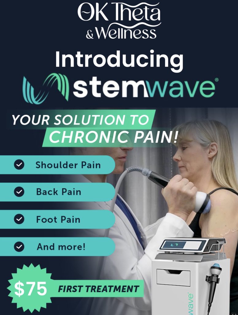 Promotional graphic for OK Theta & Wellness introducing StemWave shockwave therapy as a chronic pain treatment option, with a provider applying the device to a woman’s shoulder and text listing shoulder pain, back pain, foot pain, and more.