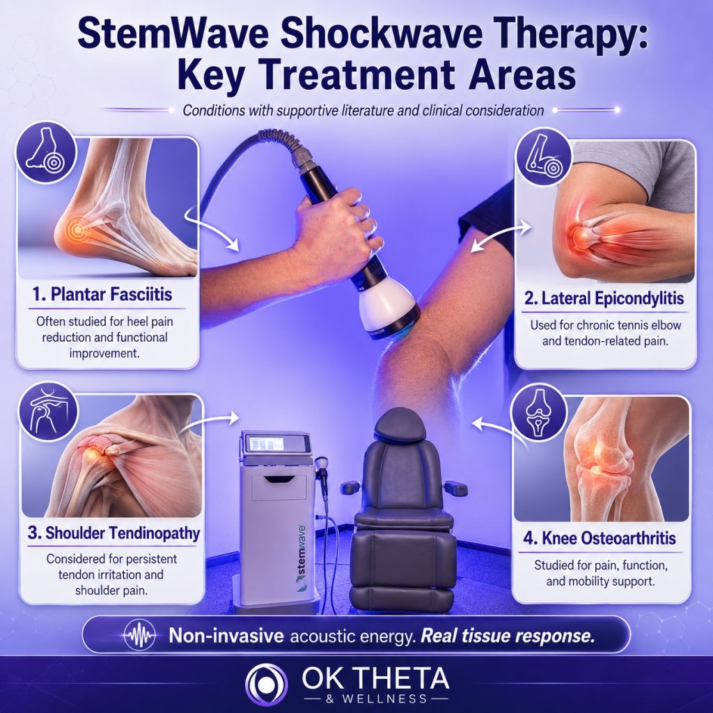 Infographic titled “StemWave Shockwave Therapy: Key Treatment Areas” showing four conditions commonly discussed in the literature—plantar fasciitis, lateral epicondylitis, shoulder tendinopathy, and knee osteoarthritis—surrounding a central image of StemWave treatment at OK Theta & Wellness.
