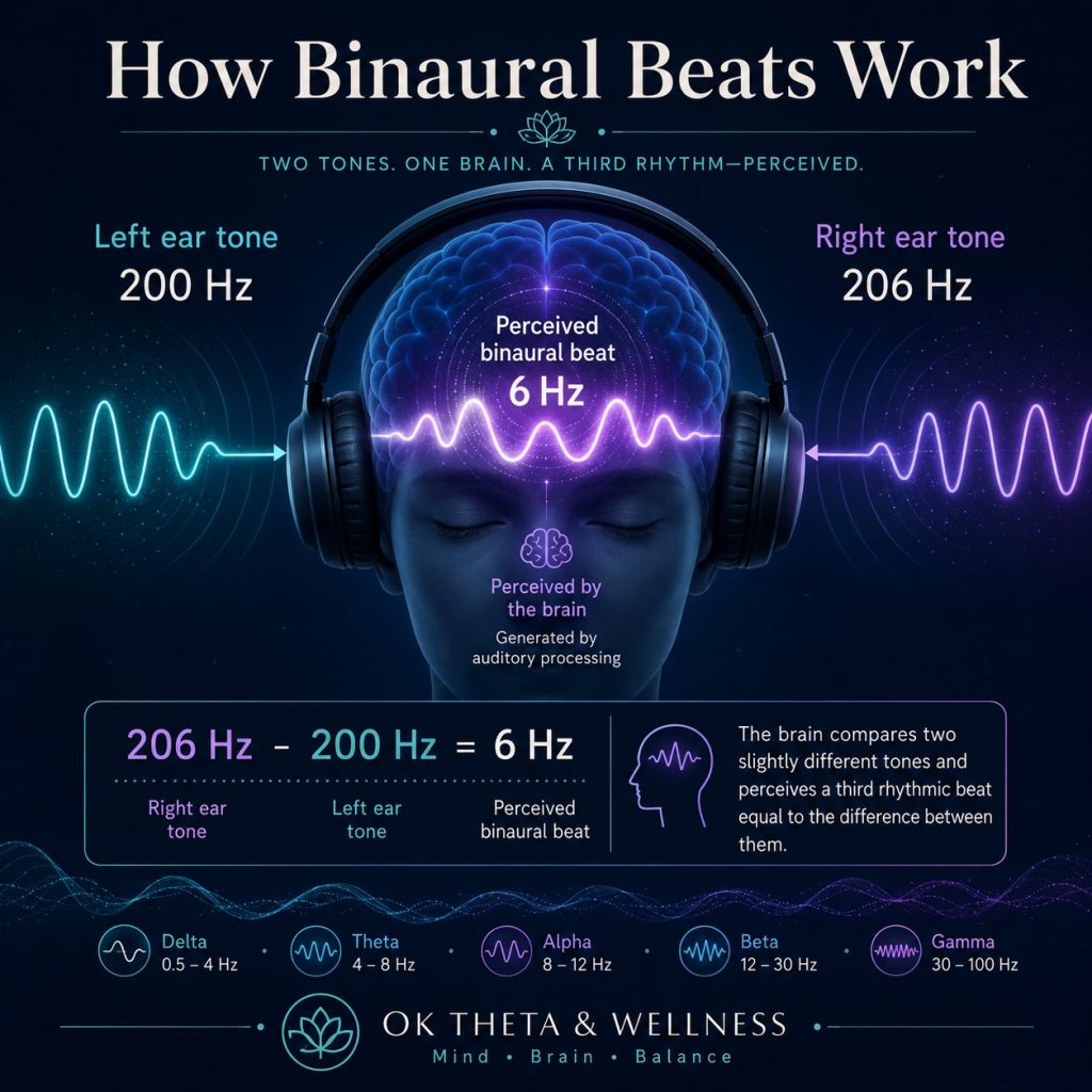 Infographic showing how binaural beats work, with a 200 Hz tone entering the left ear, a 206 Hz tone entering the right ear, and the brain perceiving a 6 Hz binaural beat as the difference between them.
