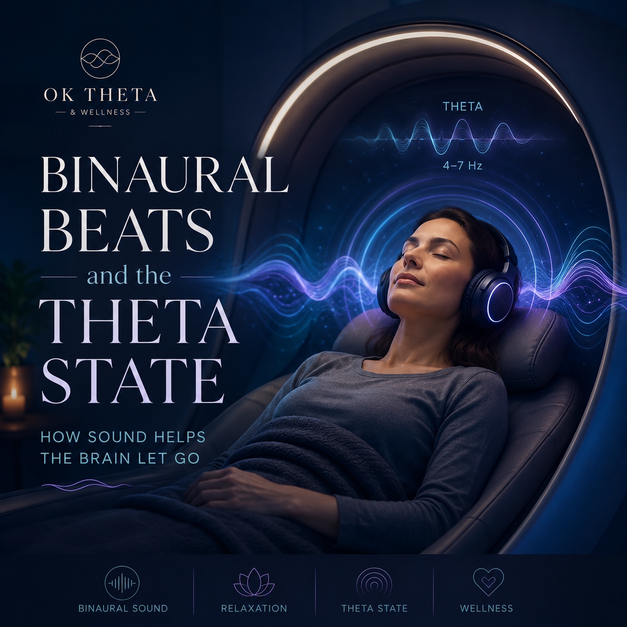 A calm person reclines in a theta chamber wearing headphones as blue and violet sound waves move around their head, with text reading “Binaural Beats and the Theta State.”