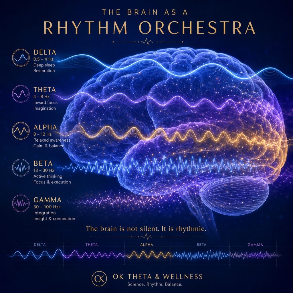 Infographic-style image titled “The Brain as a Rhythm Orchestra,” showing a glowing semi-transparent brain with layered waveforms representing delta, theta, alpha, beta, and gamma brainwaves, alongside labeled frequency ranges and brief descriptions for each rhythm.