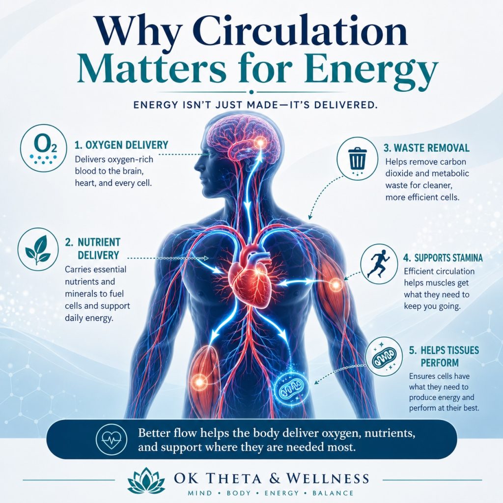 Medical infographic showing a transparent human body with highlighted heart, blood vessels, brain, muscles, and mitochondria to explain how circulation supports oxygen delivery, nutrient delivery, waste removal, stamina, and cellular energy.