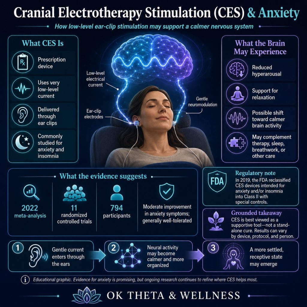 Infographic explaining cranial electrotherapy stimulation, or CES, for anxiety, showing a relaxed person with ear-clip electrodes, gentle low-level electrical signals moving toward the brain, and evidence highlights from a 2022 meta-analysis of randomized controlled trials.