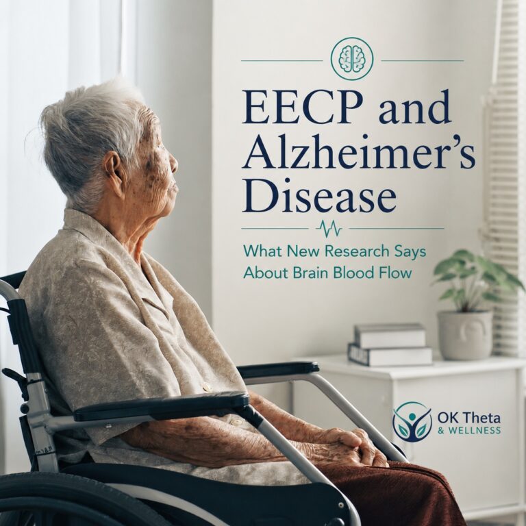Older woman seated by a window with title about EECP, Alzheimer’s disease, and new brain blood flow research