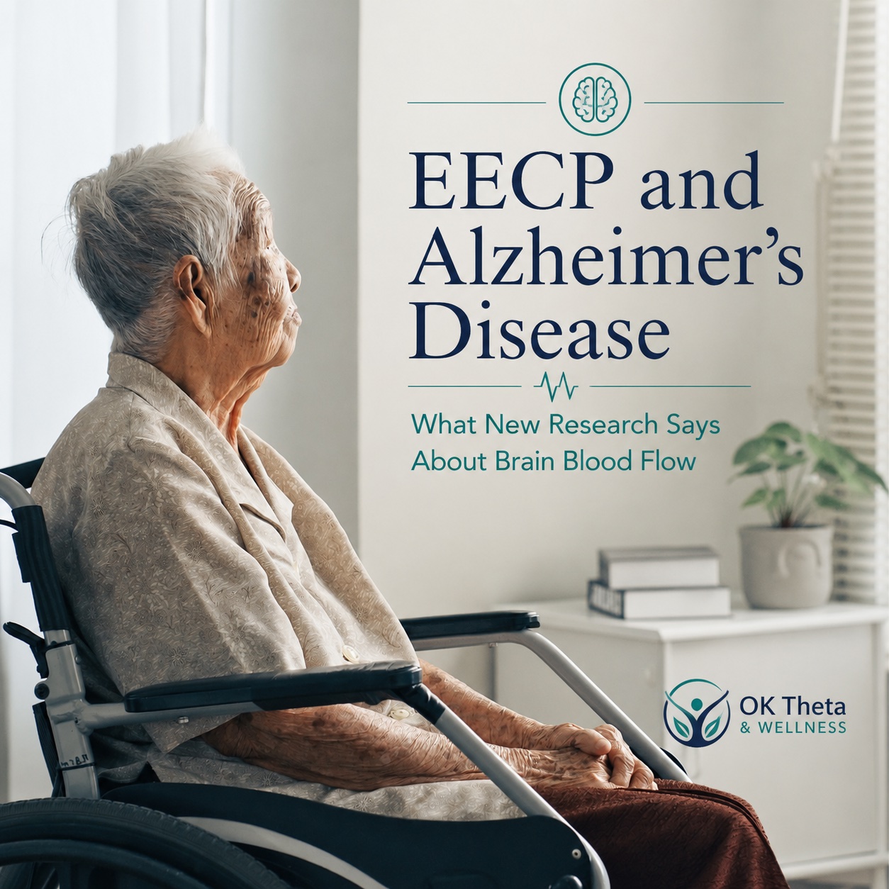 Older woman seated by a window with title about EECP, Alzheimer’s disease, and new brain blood flow research