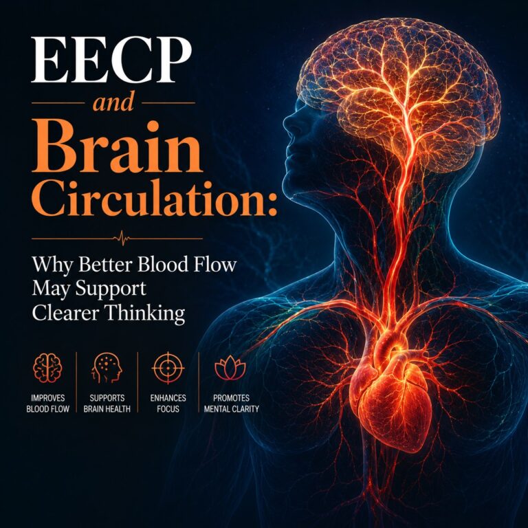 Medical illustration showing blood vessels connecting the heart and brain for an article about EECP and brain circulation