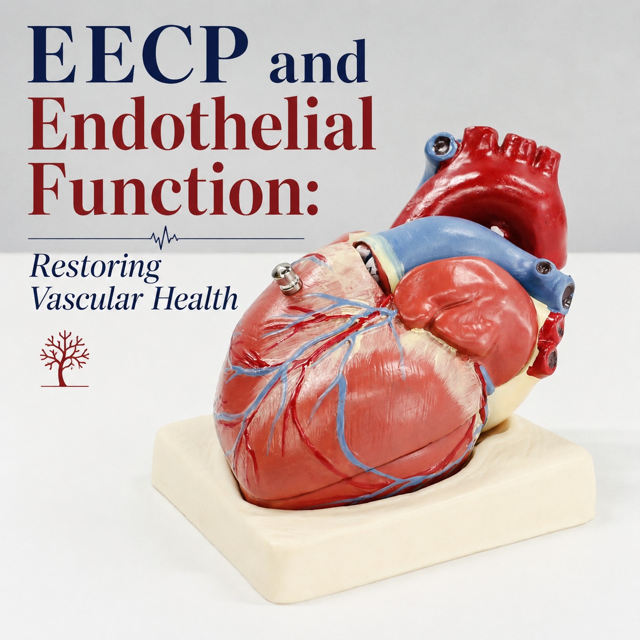 Anatomical heart model illustrating an article about EECP, endothelial function, and vascular health