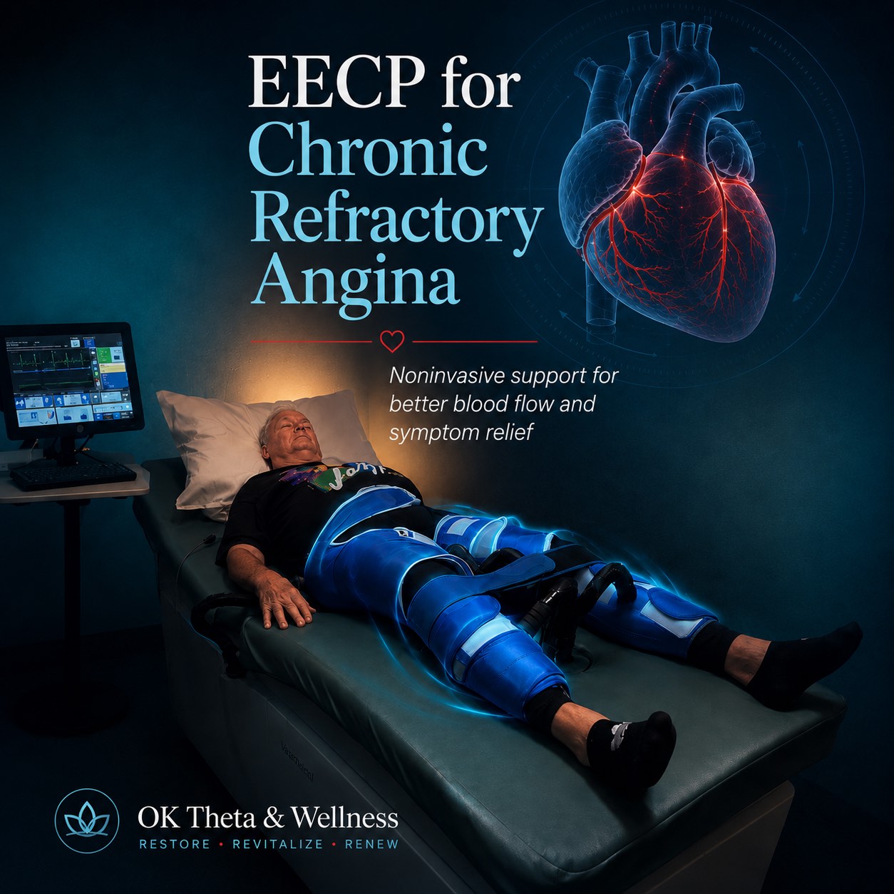 Branded OK Theta & Wellness image showing a patient receiving EECP therapy for chronic refractory angina with blue compression cuffs, a treatment monitor, and a heart illustration.