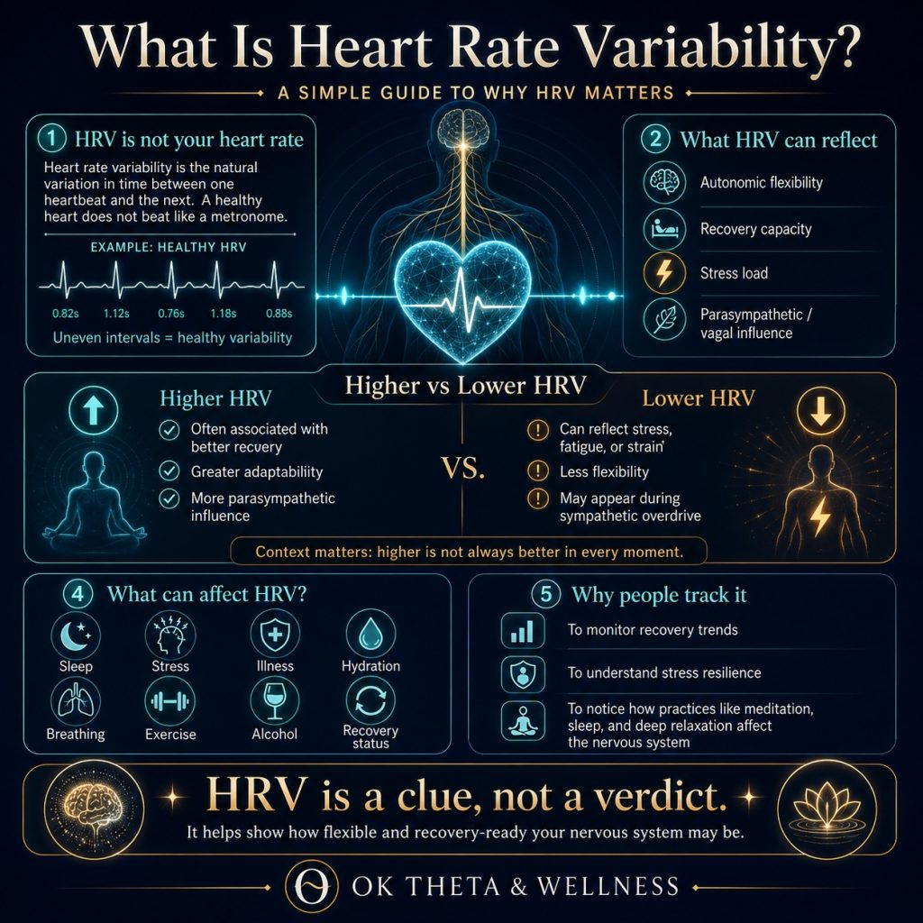 Square infographic titled “What Is Heart Rate Variability?” showing a glowing heart and nervous system in the center, with panels explaining that HRV is the variation in time between heartbeats, what it can reflect, the difference between higher and lower HRV, factors that affect HRV, and why people track it.