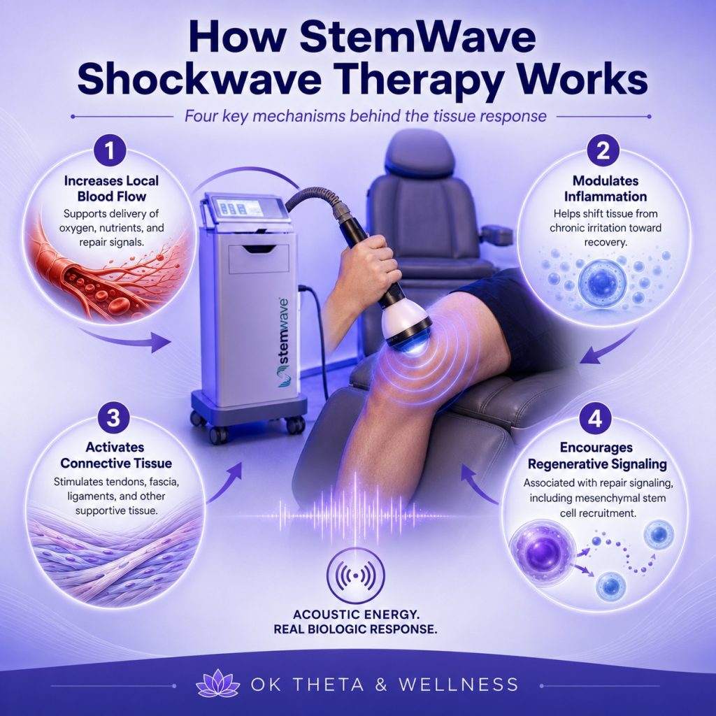 Infographic titled “How StemWave Shockwave Therapy Works” showing four key mechanisms of treatment: increased local blood flow, modulation of inflammation, activation of connective tissue, and regenerative signaling, centered around a StemWave device treating a patient’s knee at OK Theta & Wellness.