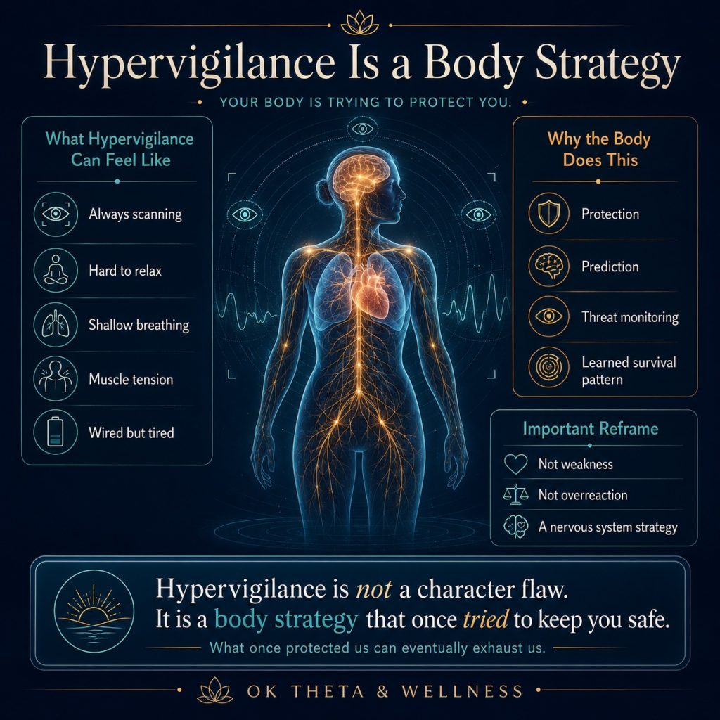 This infographic explains the relationship between slow breathing, heart rate variability, and the vagus nerve. The central image shows a human upper body with the lungs, diaphragm, heart, brainstem, and vagus nerve pathway highlighted. Inhale and exhale arrows demonstrate how breathing rhythm affects the chest, belly, heart rate, and autonomic state.
The graphic explains that slow breathing may help regulate the nervous system by slowing the pace of breathing, improving rhythm and depth, engaging the diaphragm, and supporting a calmer autonomic state. It also highlights that many people feel best around 5–6 breaths per minute, a breathing rhythm often used in relaxation and HRV-focused practices.
A second section explains the vagus nerve connection, noting that the vagus nerve helps regulate the heart, lungs, and digestion. The graphic emphasizes that exhalation tends to increase vagal influence, which can support a slower heart rate and contribute to a more restorative state.
The center strip shows how breathing affects HRV: during inhalation, heart rate rises slightly; during exhalation, heart rate slows slightly. This natural pattern is part of respiratory sinus arrhythmia, helping explain why HRV often changes with breathing.
The bottom sections clarify that higher HRV may reflect greater flexibility, better recovery readiness, and more parasympathetic influence, while also reminding viewers that HRV is not a diagnosis. The key takeaway is that slow, steady breathing can help the body shift toward parasympathetic regulation, often reflected by a calmer heart rhythm and healthier HRV patterns.