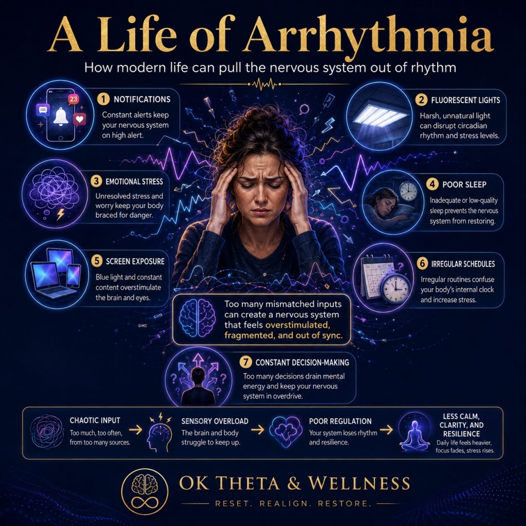 Infographic titled “A Life of Arrhythmia” showing a stressed person holding their temples in the center, surrounded by modern stressors including notifications, fluorescent lights, emotional stress, poor sleep, screen exposure, irregular schedules, and constant decision-making.