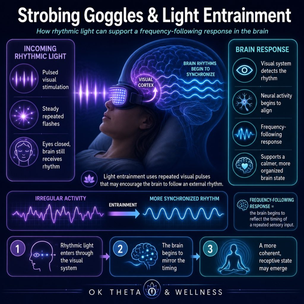 Infographic showing strobing goggles and light entrainment, with rhythmic visual pulses entering the visual system and leading to a frequency-following response in the brain, where brain rhythms begin to synchronize into a more organized state.