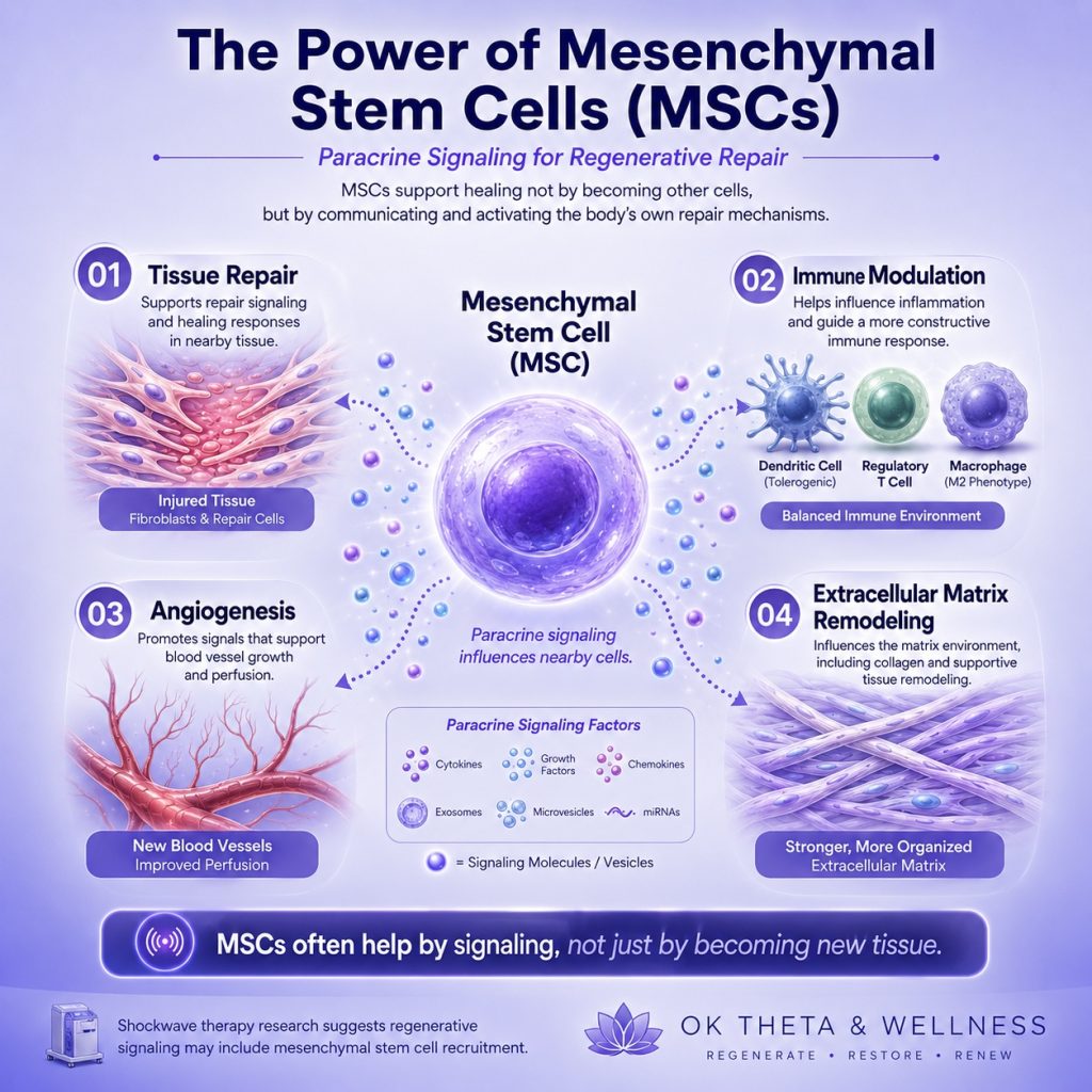 Infographic titled “The Power of Mesenchymal Stem Cells (MSCs)” showing a central mesenchymal stem cell releasing signaling molecules to nearby tissues and cells, highlighting four key roles: tissue repair, immune modulation, angiogenesis, and extracellular matrix remodeling.