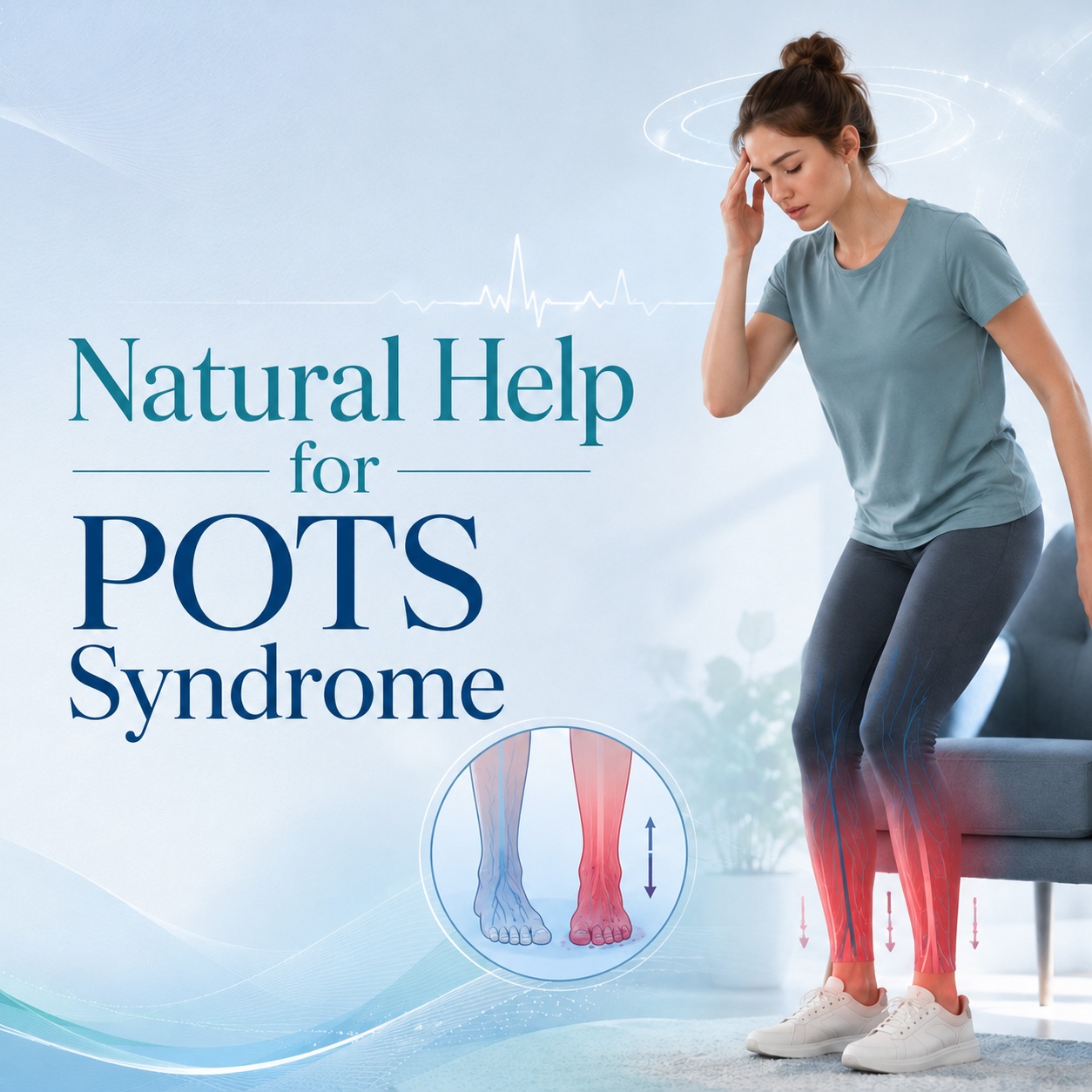 Woman experiencing dizziness while standing with illustration of blood pooling in the legs associated with POTS syndrome