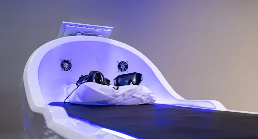 Photo of the built-in PEMF mat inside the theta chamber at OK Theta & Wellness, with headphones and light therapy goggles resting on the pillow under soft blue lighting.