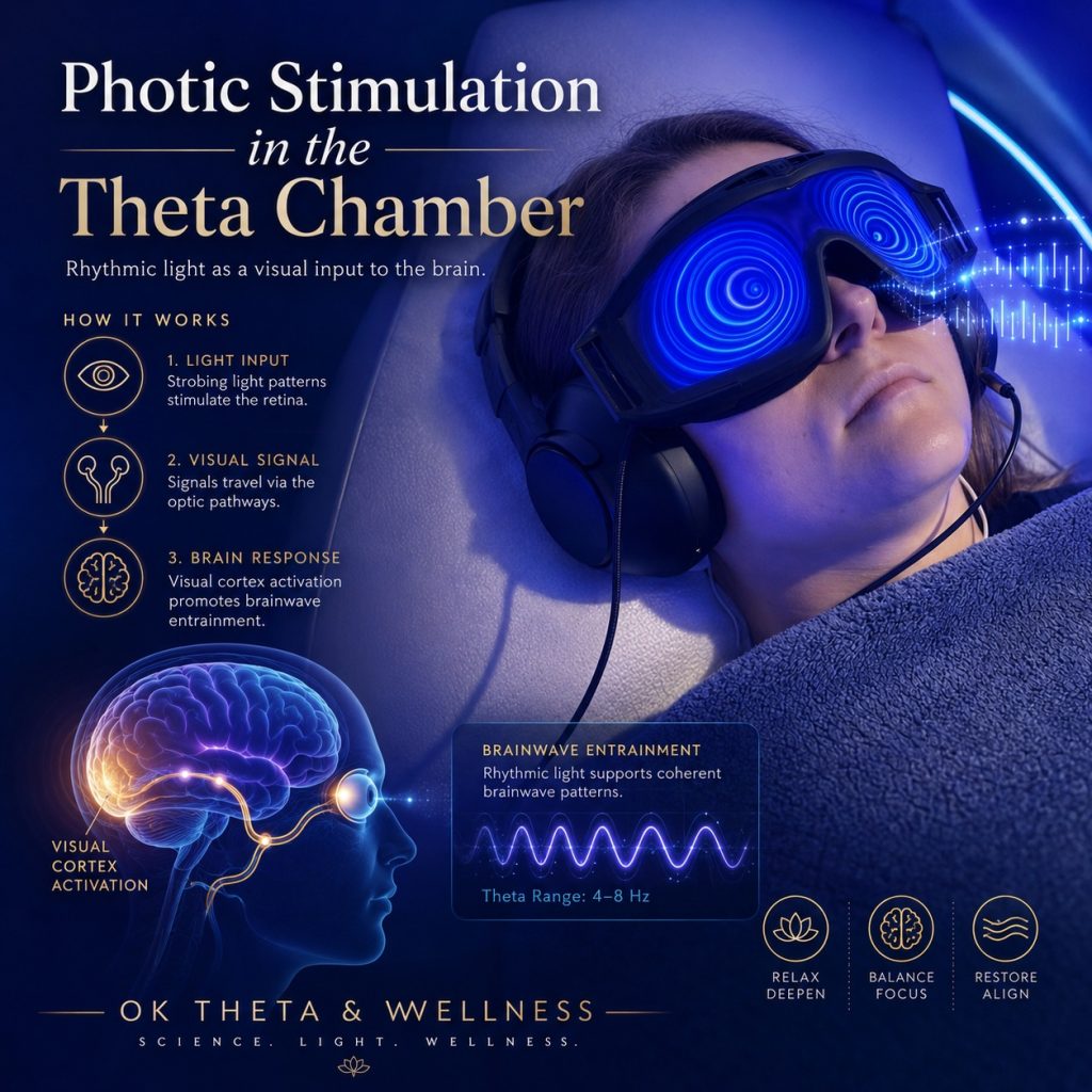 Infographic titled “Photic Stimulation in the Theta Chamber,” showing a person reclining in the Theta Chamber while wearing headphones and blue strobing goggles, alongside diagrams explaining how rhythmic light enters through the retina, travels through visual pathways, and supports brainwave entrainment.