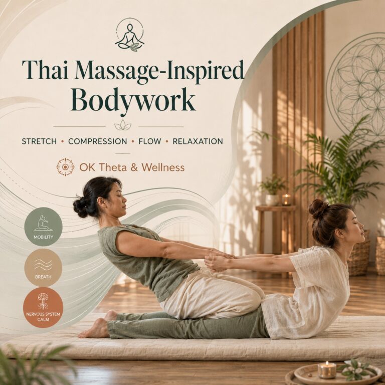 Square branded cover image for OK Theta & Wellness showing Thai massage-inspired bodywork, with a practitioner leaning back to guide a client through a floor-based assisted back and shoulder stretch on a padded mat. Text reads “Thai Massage-Inspired Bodywork” with “Stretch, Compression, Flow, Relaxation.”