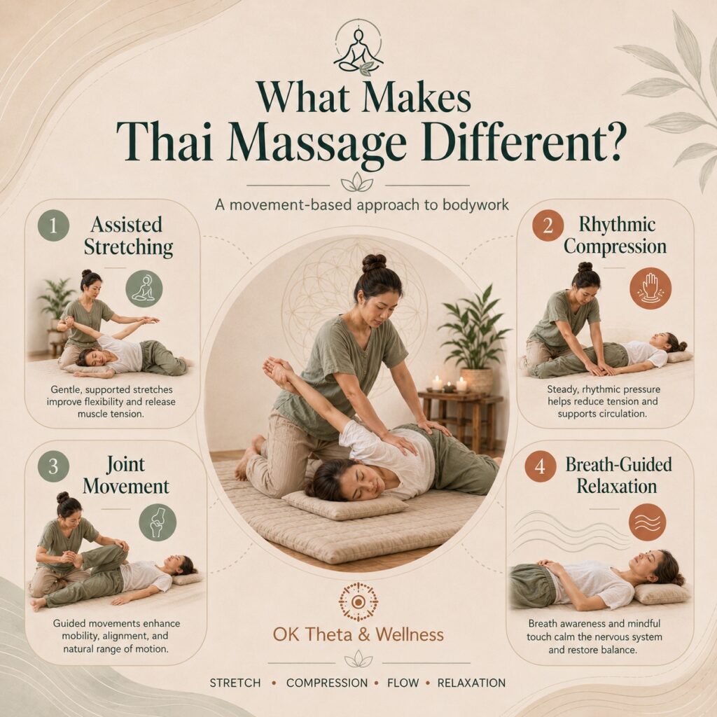 Square infographic for OK Theta & Wellness titled “What Makes Thai Massage Different?” showing four key elements of Thai massage-inspired bodywork: assisted stretching, rhythmic compression, joint movement, and breath-guided relaxation, arranged around a central image of a practitioner working with a client on a floor mat.