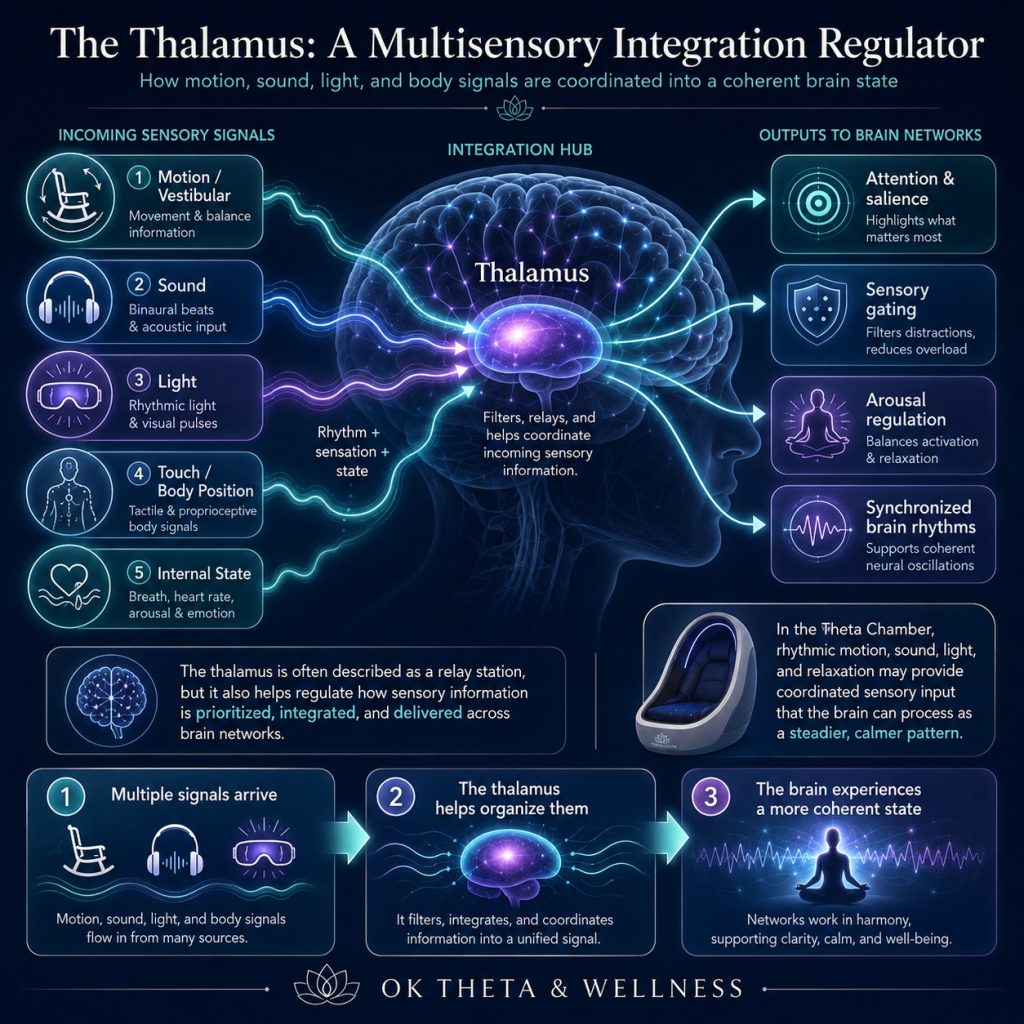 Infographic showing the thalamus as a multisensory integration regulator, with motion, sound, light, touch, body position, and internal state signals flowing into the thalamus and then outward to brain networks involved in attention, sensory gating, arousal regulation, and synchronized brain rhythms.