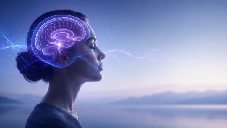 Serene side-profile image of a woman with eyes closed, showing a glowing purple-blue brain overlay and soft theta-like wave patterns flowing across a calm blue landscape, suggesting meditation, relaxation, brainwave activity, and teachable states of consciousness.