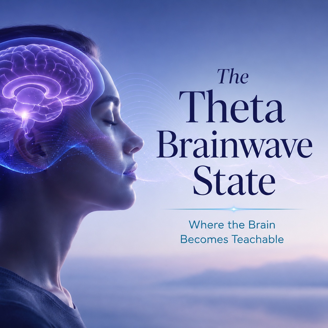Woman in a calm meditative state with a glowing brain illustration and flowing theta brainwave pattern