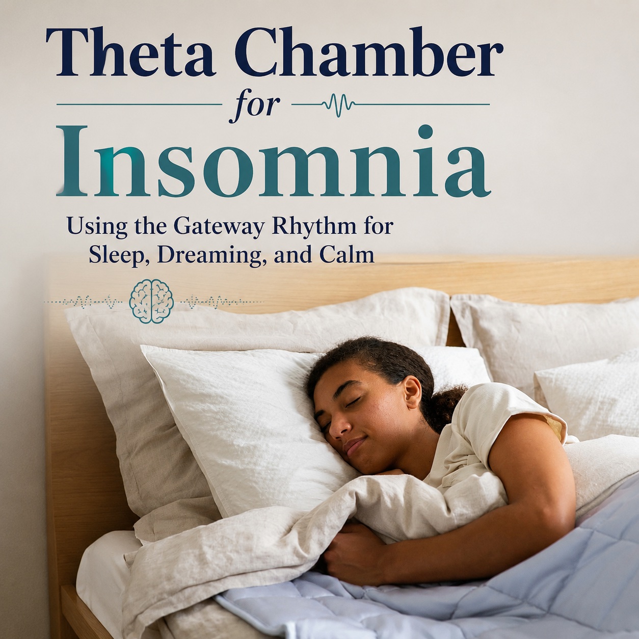 Woman sleeping peacefully beneath the title Theta Chamber for Insomnia: Using the Gateway Rhythm for Sleep, Dreaming, and Calm