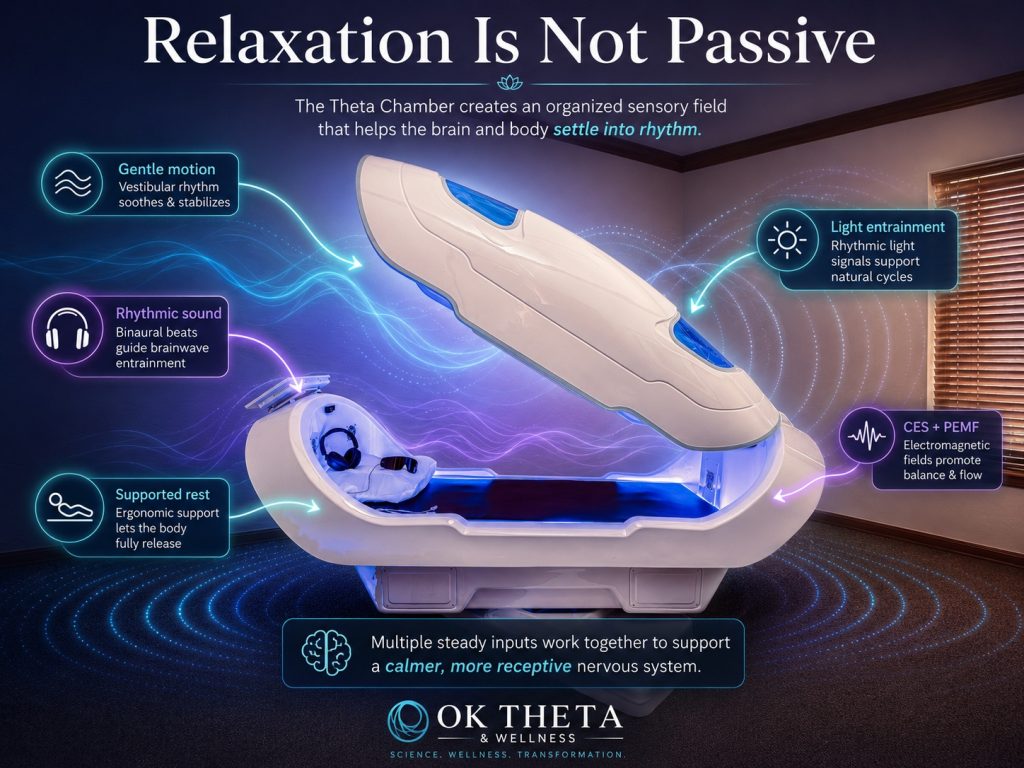 Infographic based on the Theta Chamber at OK Theta & Wellness, showing the open chamber surrounded by labeled sensory inputs—gentle motion, rhythmic sound, light entrainment, CES/PEMF, and supported rest—to illustrate that relaxation is an active, organized sensory experience rather than a passive one.