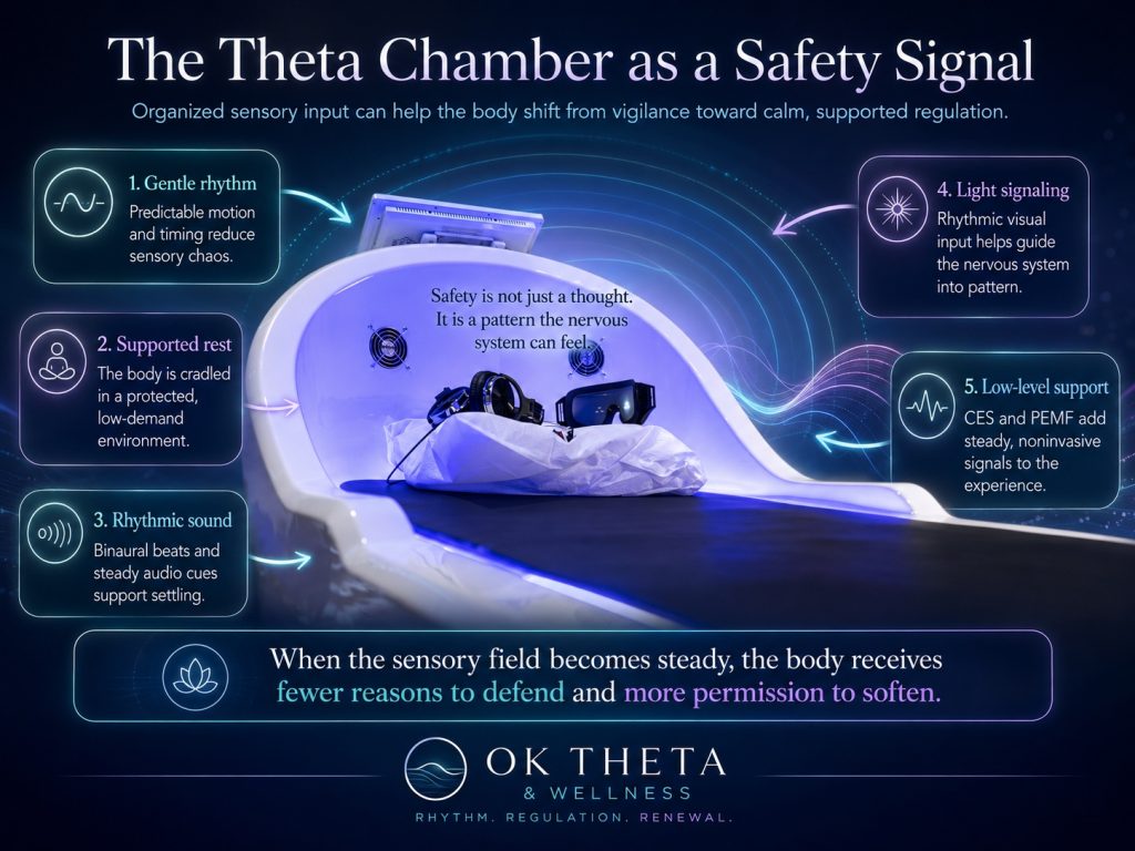 Infographic based on the Theta Chamber at OK Theta & Wellness, showing the open chamber with headphones and goggles inside, surrounded by calming wave patterns and labeled inputs including gentle rhythm, supported rest, rhythmic sound, light signaling, and low-level CES/PEMF support.