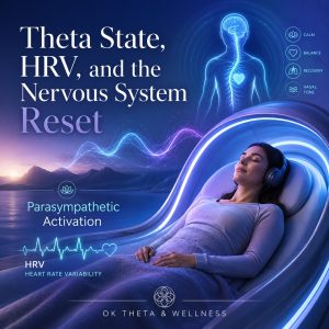 Square blog cover image showing a relaxed person reclining in a futuristic theta chamber with glowing blue and violet light, theta wave graphics, an HRV heart rhythm line, and a nervous system illustration highlighting calm, balance, recovery, vagal tone, and parasympathetic activation. Text reads: “Theta State, HRV, and the Nervous System Reset.”