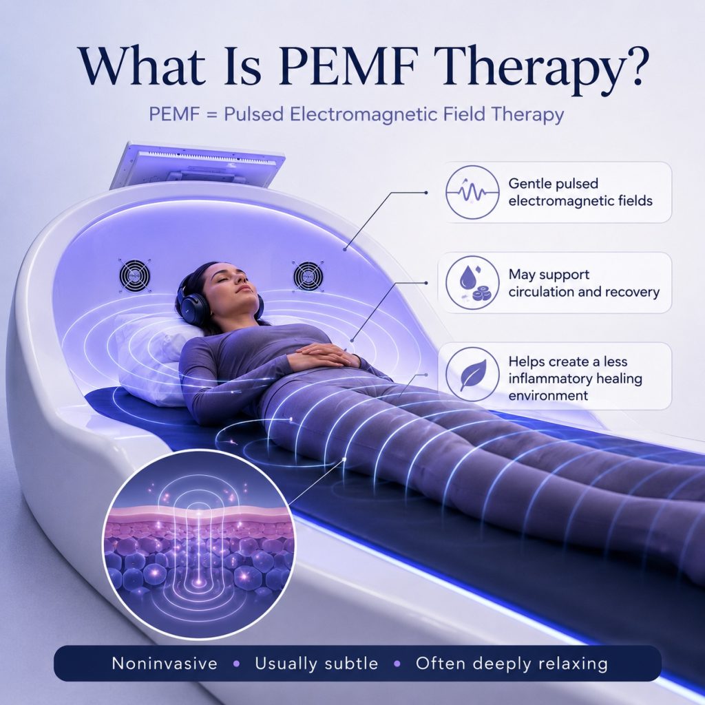 Infographic titled “What Is PEMF Therapy?” showing a person relaxing inside a theta chamber on a PEMF mat, with gentle pulsed electromagnetic field lines surrounding the body and callouts explaining circulation, recovery, and inflammatory support.