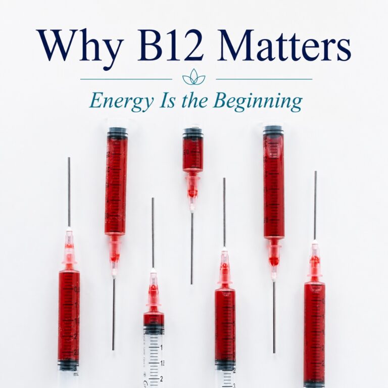 Medical syringes arranged beneath the title Why B12 Matters: Energy Is the Beginning