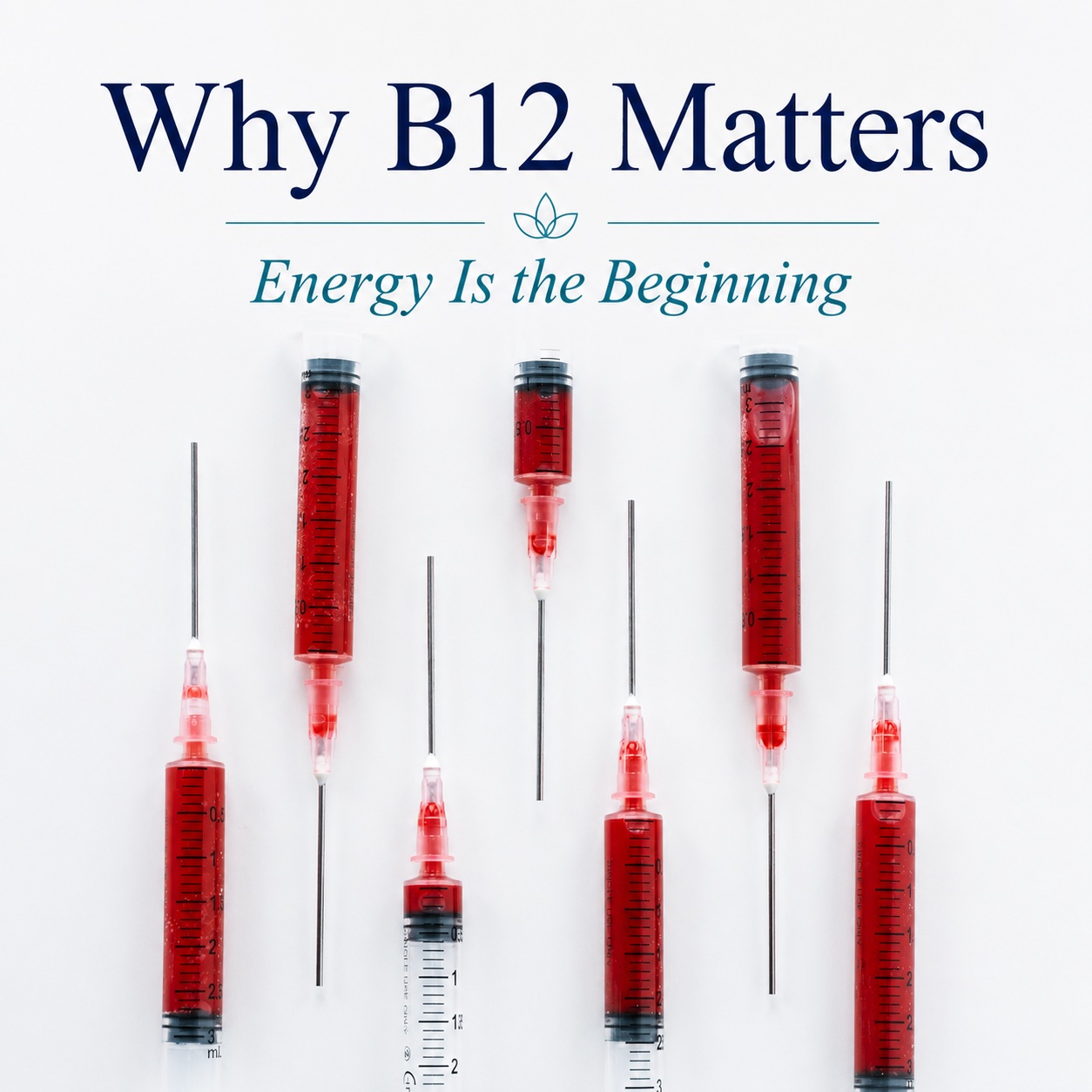 Medical syringes arranged beneath the title Why B12 Matters: Energy Is the Beginning