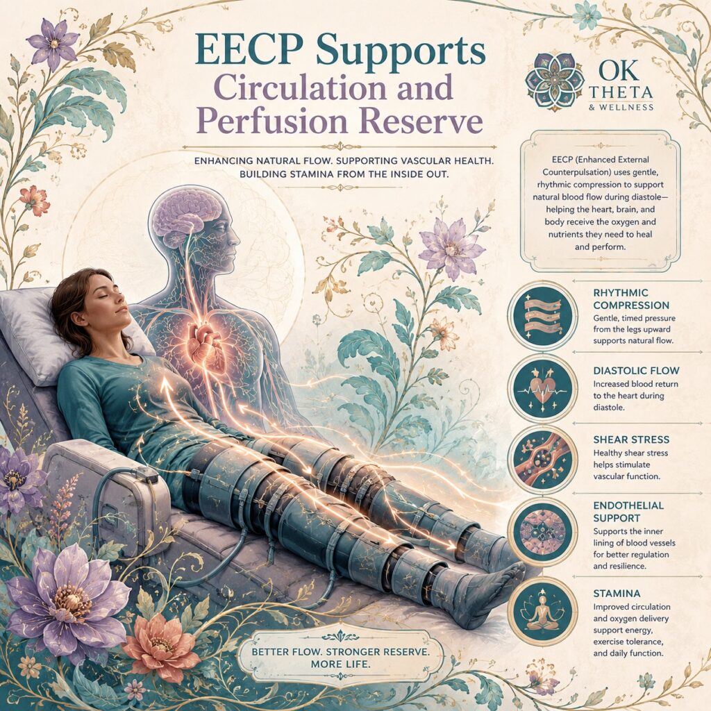 Square infographic titled “EECP Supports Circulation and Perfusion Reserve,” showing a person resting with EECP leg cuffs as glowing blood-flow waves move from the legs toward the heart and brain, with labels for rhythmic compression, diastolic flow, shear stress, endothelial support, and stamina.