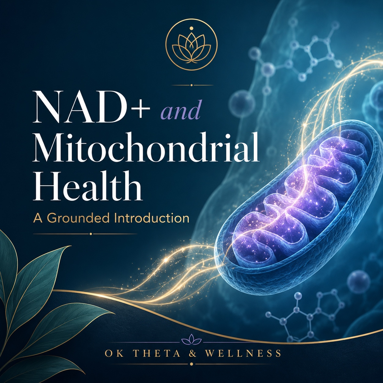 Branded blog cover image for “NAD+ and Mitochondrial Health,” featuring a glowing blue and purple mitochondrion, molecular patterns, gold energy lines, and OK Theta & Wellness branding.