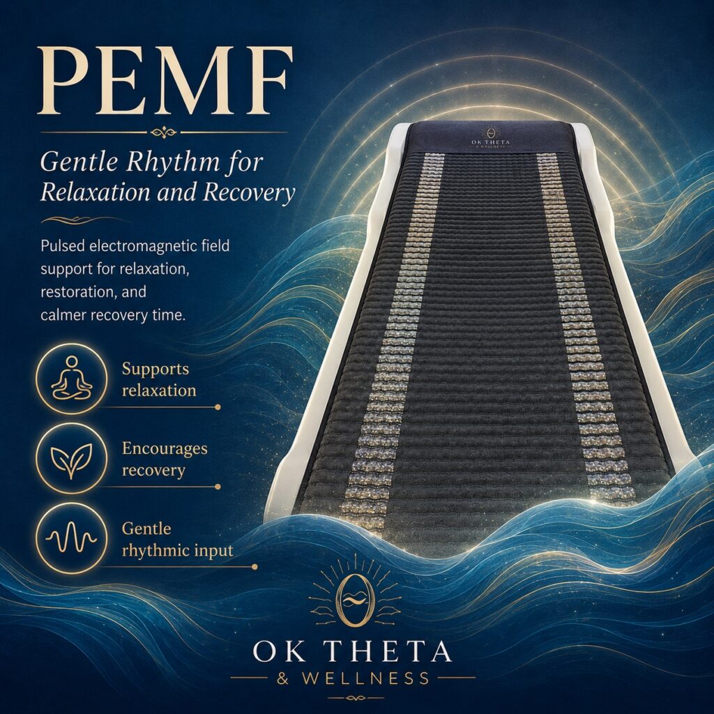 Square branded OK Theta & Wellness graphic showing a PEMF mat centered against flowing blue and gold waveforms, with the title “PEMF: Gentle Rhythm for Relaxation and Recovery.”