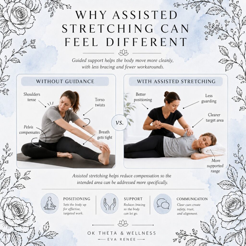 Square infographic titled “Why Assisted Stretching Can Feel Different,” comparing stretching without guidance versus assisted stretching to show how guided support reduces compensation, bracing, and movement workarounds.