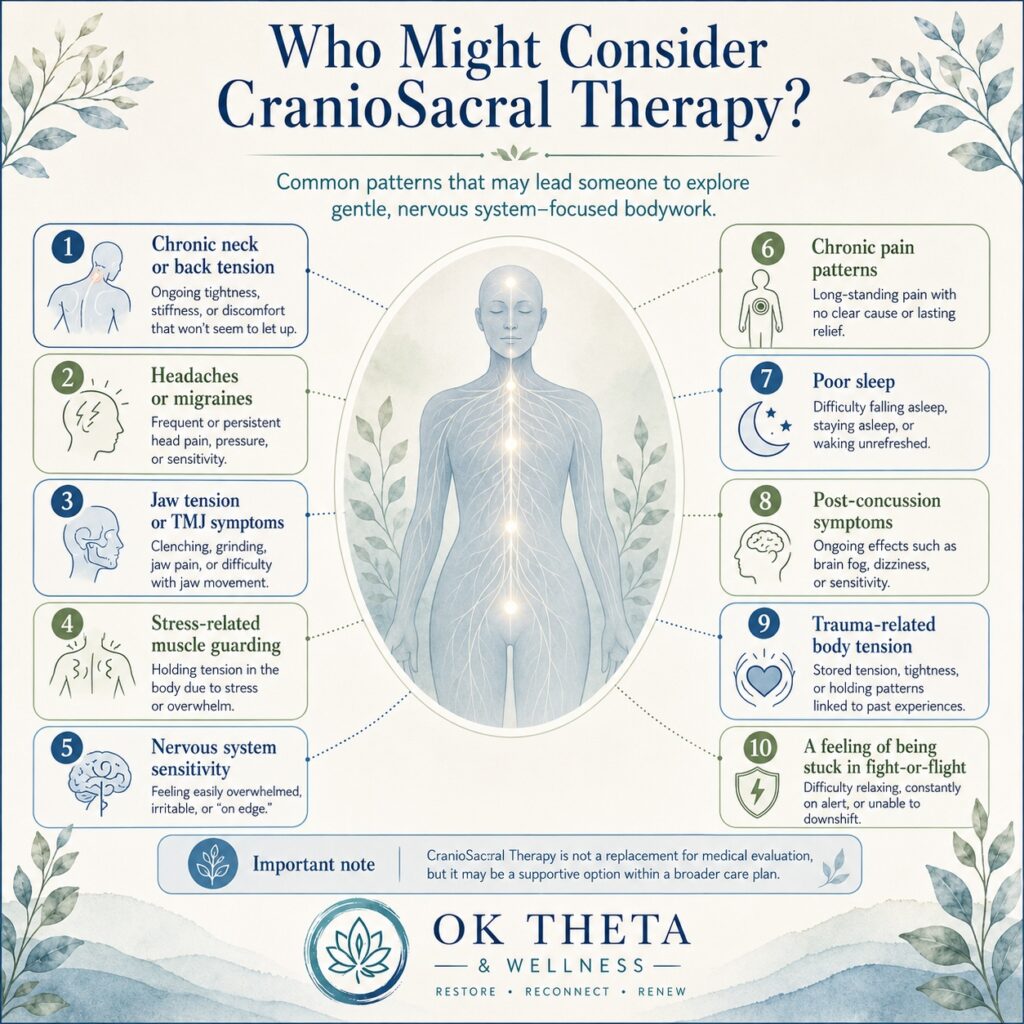 Infographic titled “Who Might Consider CranioSacral Therapy?” showing a central human figure with nervous system-themed line art, surrounded by ten callout boxes listing common reasons someone may explore CranioSacral Therapy.