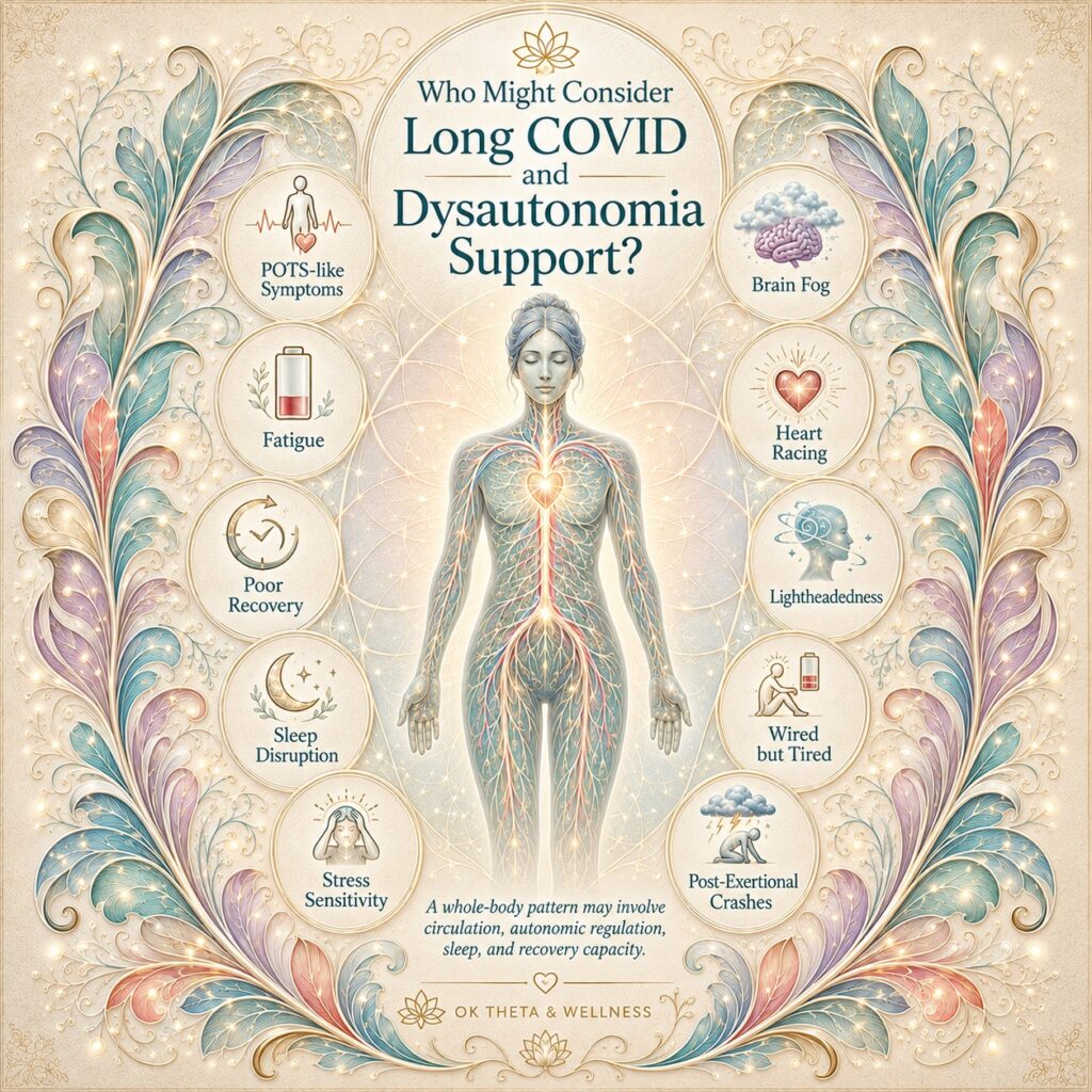 Square infographic titled “Who Might Consider Long COVID and Dysautonomia Support?” showing a central human figure with surrounding labeled callouts for POTS-like symptoms, brain fog, fatigue, poor recovery, sleep disruption, heart racing, lightheadedness, wired but tired, post-exertional crashes, and stress sensitivity.