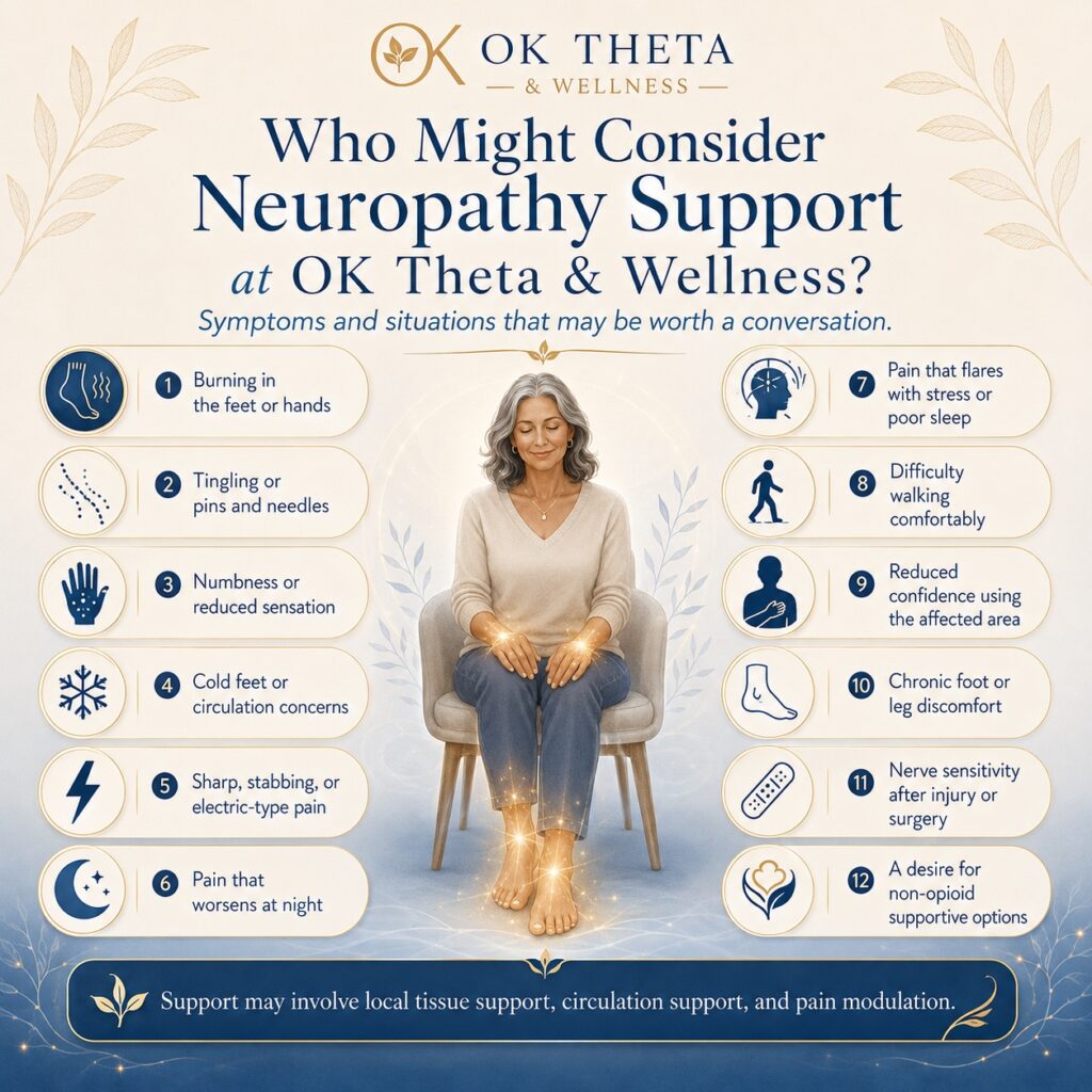 Square branded OK Theta & Wellness infographic titled “Who Might Consider Neuropathy Support at OK Theta & Wellness?” showing a seated person with highlighted hands and feet, surrounded by twelve symptoms or situations that may make neuropathy support worth considering.