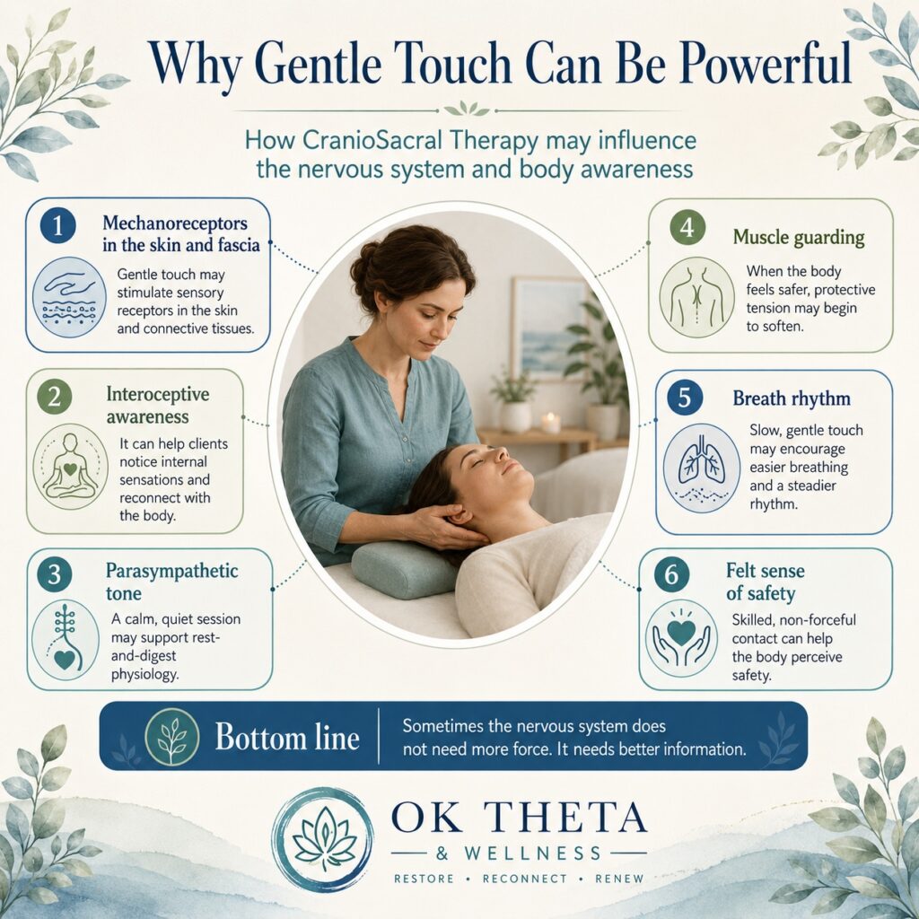 Infographic titled “Why Gentle Touch Can Be Powerful” showing a CranioSacral Therapy session in the center, surrounded by six callouts explaining mechanoreceptors in the skin and fascia, interoceptive awareness, parasympathetic tone, muscle guarding, breath rhythm, and a felt sense of safety.